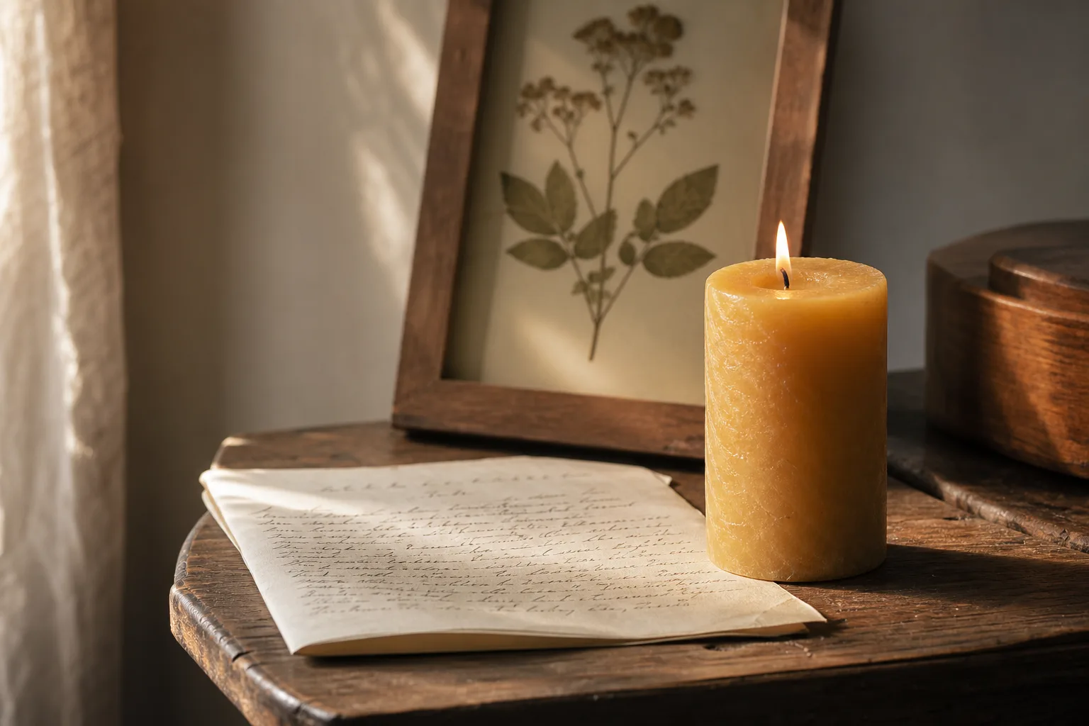 A lit beeswax pillar candle on a worn wooden side table beside a folded handwritten letter and a small framed pressed-flower picture, in soft late-afternoon light.
