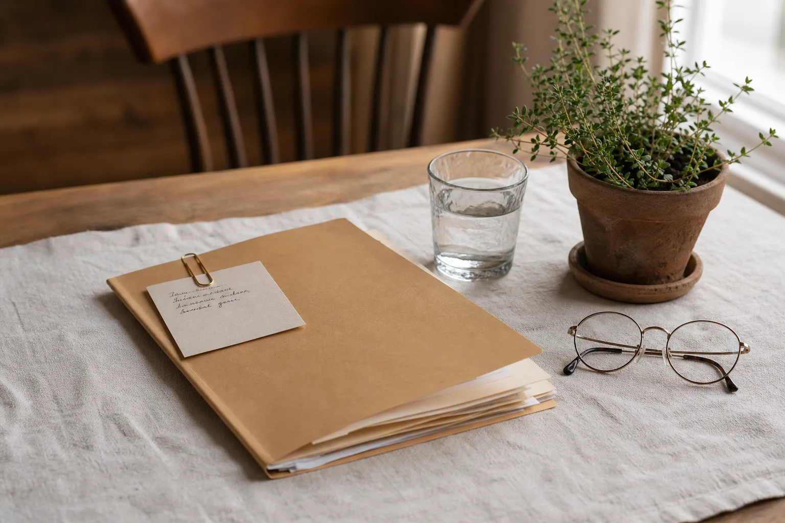 An open leather-bound notebook with a fountain pen on a wooden desk, beside a small bowl of dried lavender and a cup of tea, lit by soft window light.
