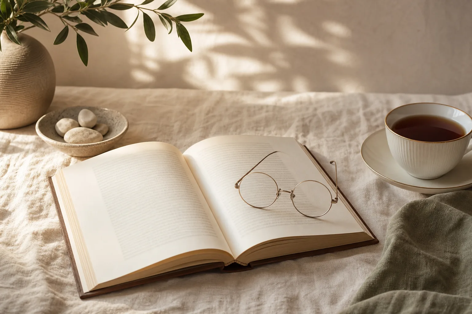 A small cream notebook open on a worn wooden kitchen table with a vintage brass key beside it, a small ceramic dish of lavender, lit by warm afternoon window light.