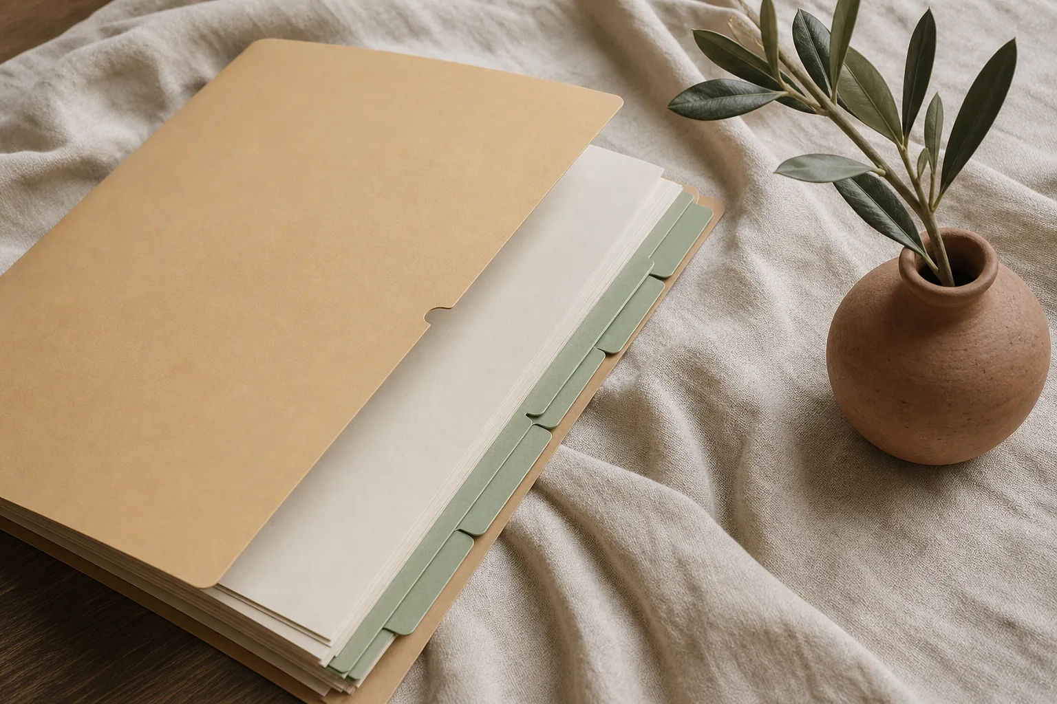 A simple handcrafted oak wooden box on cream linen cloth, beside a single white anemone flower and a sprig of olive branch, in soft warm afternoon light.