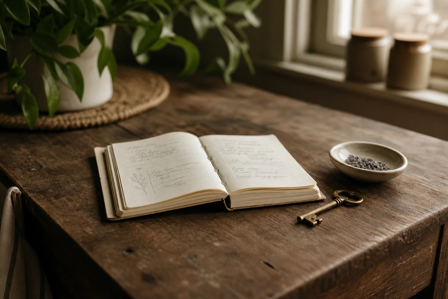 An open book and a porcelain cup of tea on a soft cream linen surface, with round wire reading glasses resting on the page, in soft warm morning light.