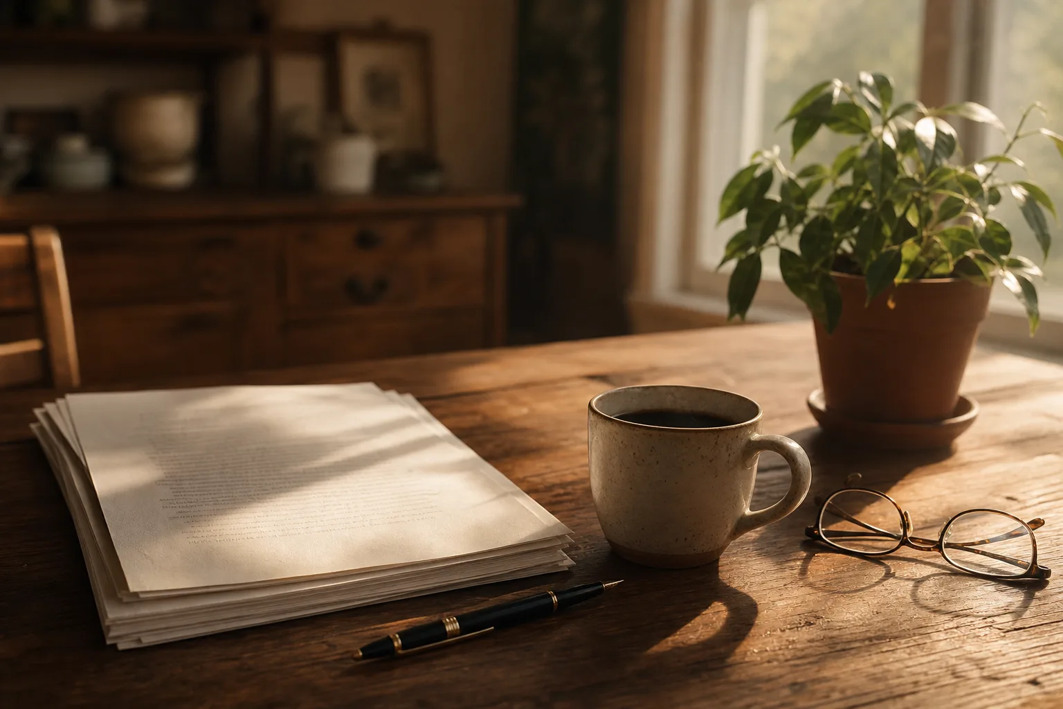 A leather portfolio, a stack of cream documents tied with twine, a fountain pen, and an antique brass paperweight on a warm wooden desk in soft window light.
