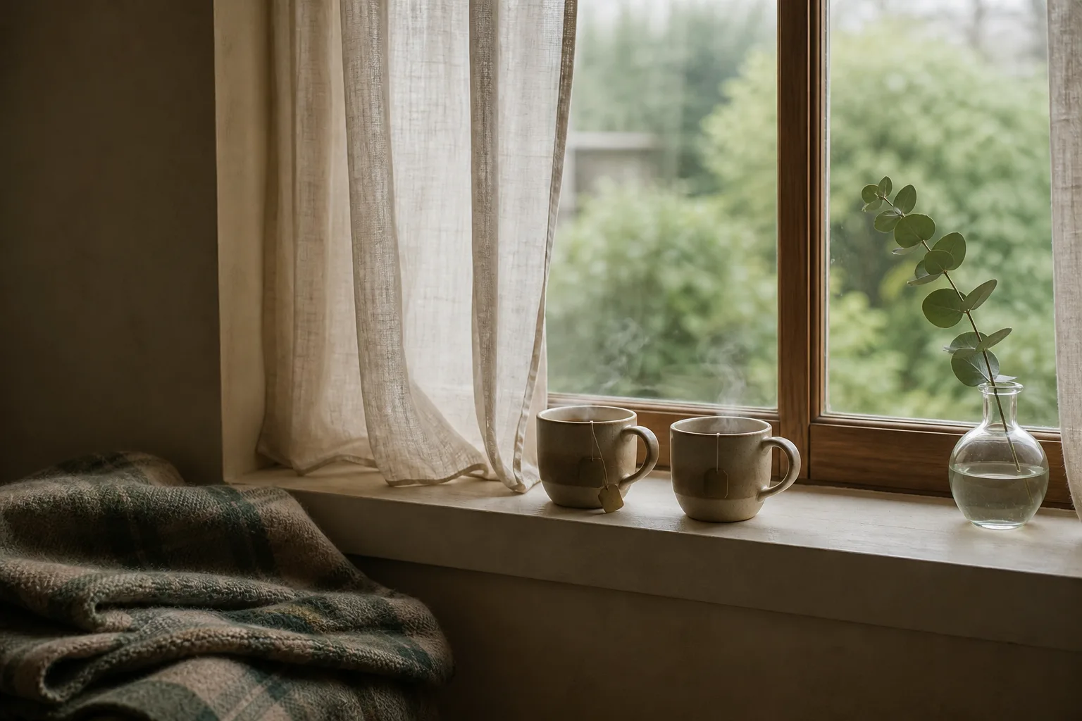 A wooden kitchen table with a stack of plain documents, a fountain pen, a ceramic mug of coffee, and reading glasses, lit by warm morning light from a window.