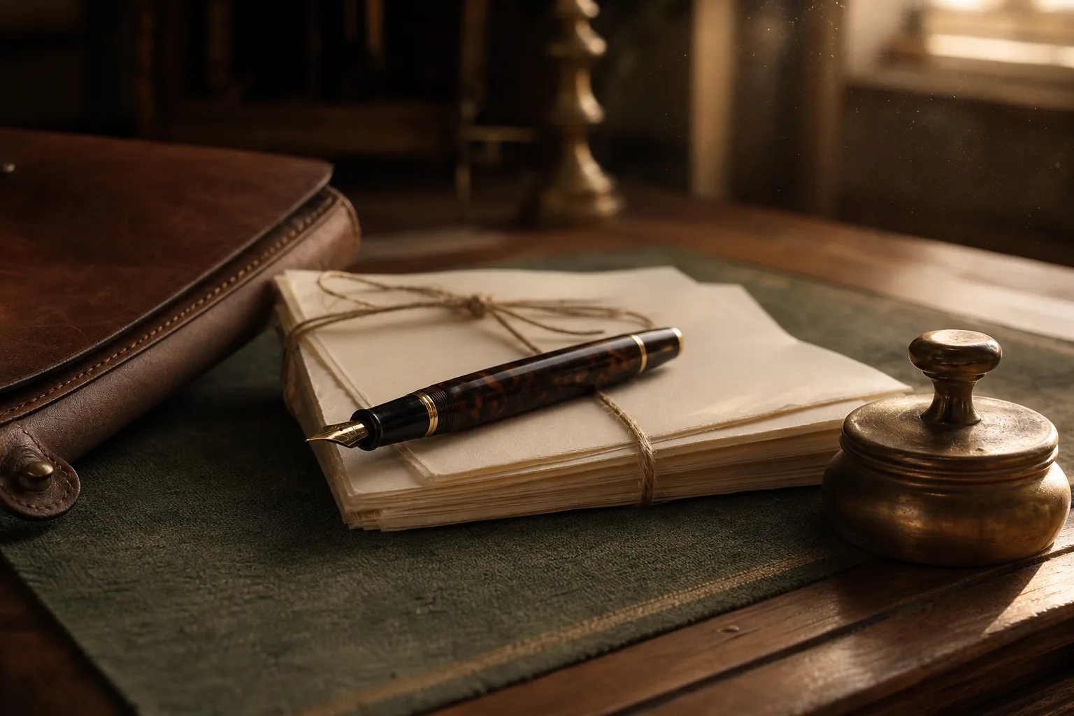 A vintage fountain pen resting on a stack of cream documents tied with twine, on a worn walnut desk with a brass paperweight and a leather portfolio, lit by warm window light.